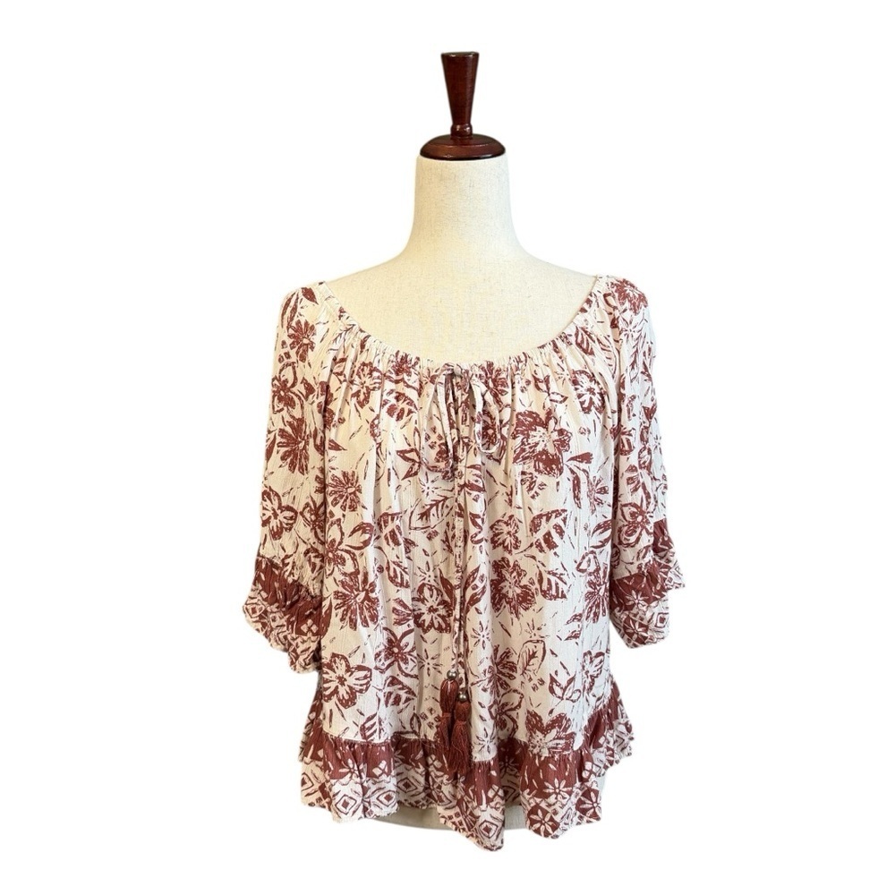 Lola P. Floral 3/4 Sleeve Ruffle Boho Blouse w/ Tassels Rust & Cream Med #2082